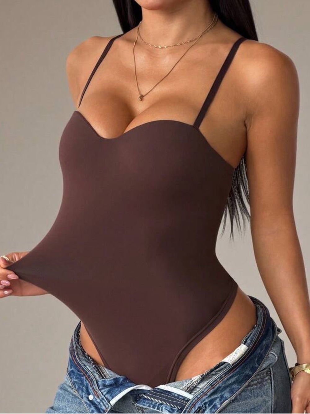 Chocolate Brown Stretchy Sweetheart Neckline Bodysuit